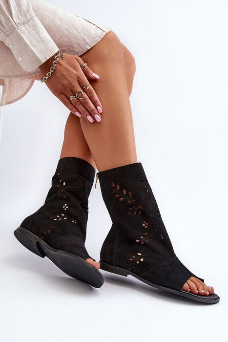 Ukrainian Vibe Black / 5.5 Avelynna Suede Openwork Zip Sandals Avelynna Suede Openwork Zip Sandals