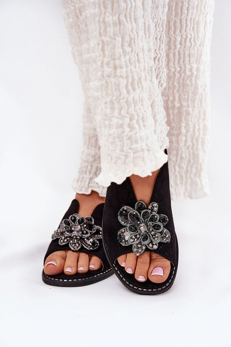 Ukrainian Vibe Black / 5.5 Fiorenna Flat Suede Flower Sandals Fiorenna Flat Suede Flower Sandals